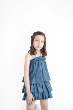 Conj. Falda Y Blusa Denim Con Estrellas Plata